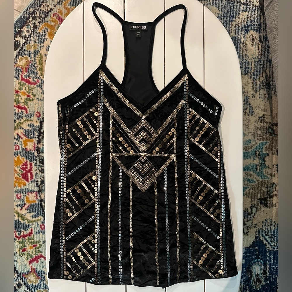 Express, Black, Cami, Velvet, Size Small, A-Line, Aztec Sequin Front Design